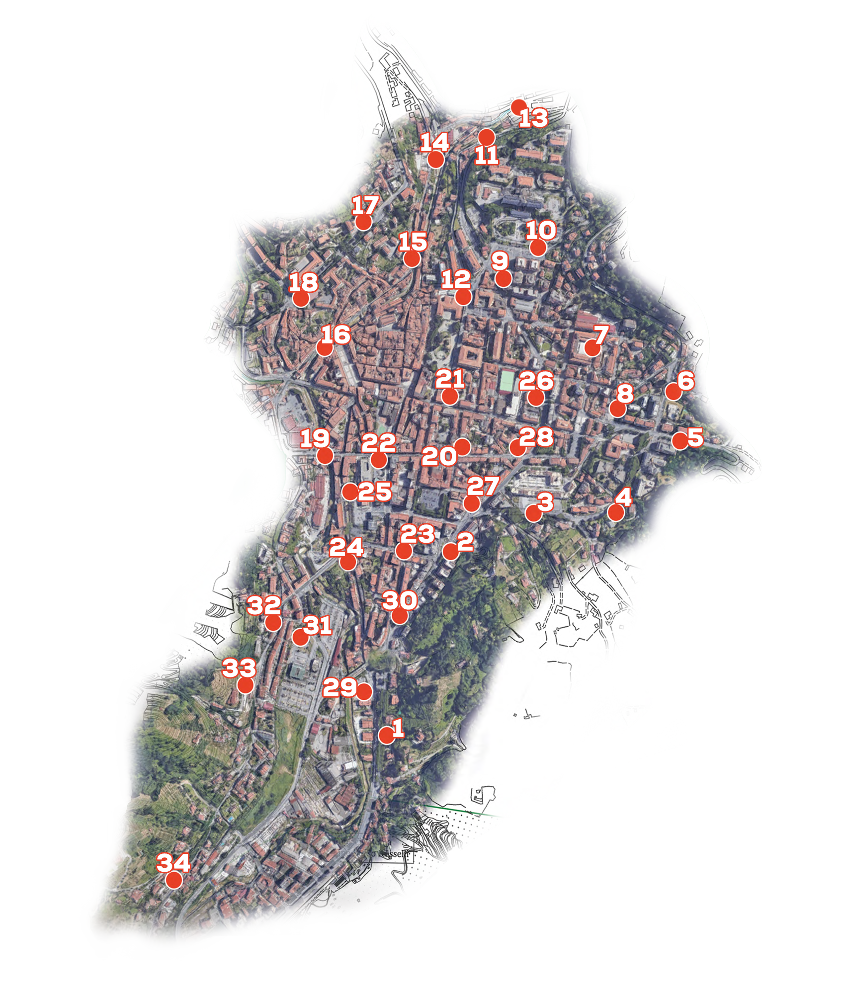 Vista aerea di Carrara con indicate le posizioni delle isole ecologiche attive in città. Vista aerea di Carrara con indicate le posizioni delle isole ecologiche attive in città.